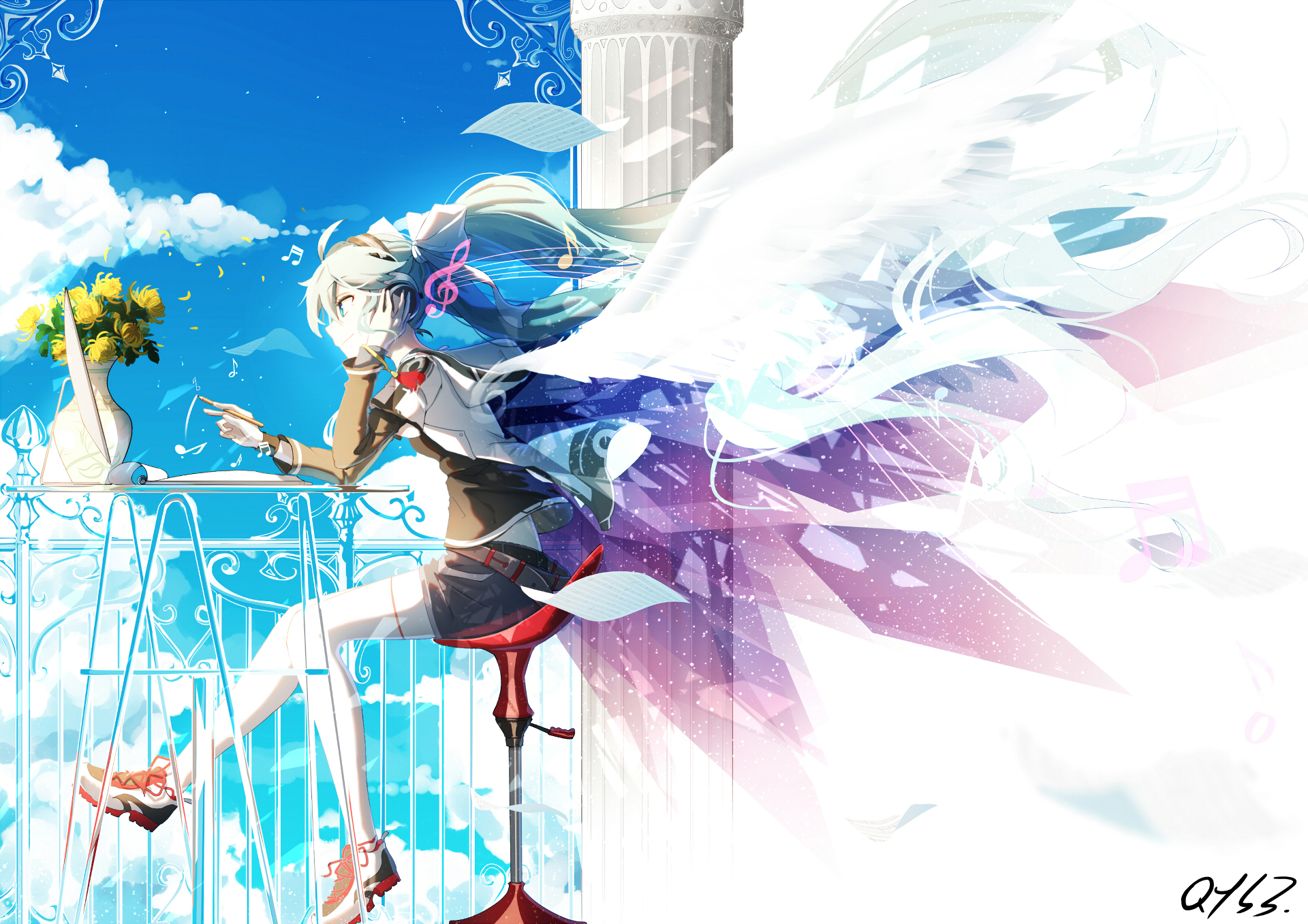 HD wallpaper featuring Hatsune Miku in an anime style, sitting on a balcony with blue skies and flowers in the background, blending into ethereal wings. Tagged with Vocaloid.