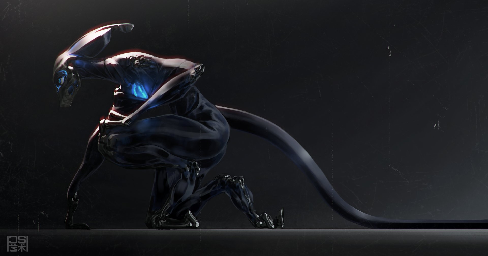 Sleek, futuristic alien creature crouches in a dark sci-fi scene, captured in stunning 4K Ultra HD for a PC desktop wallpaper.