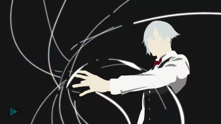Minimalist 4K Ultra HD PC desktop wallpaper: Decim from Death Parade — white-haired arbiter in vest and tie reaching through swirling abstract white ribbons on a black background.