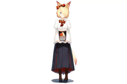 Anime, Original: blonde fox-girl with ears and tail, white coat, red bow and dark skirt, holding a small gift box — 4K Ultra HD PC desktop wallpaper/background.