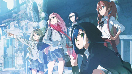 HD desktop wallpaper featuring Ikuno, Miku, Kokoro, Ichigo, and Zero Two from Darling in the FranXX, showcasing the characters in a vibrant, animated style against a detailed background.