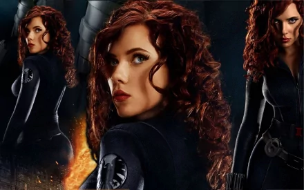 HD wallpaper of Scarlett Johansson in her role from Iron Man 2, showcasing her character in a black suit, with a dark, dramatic background.