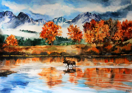 HD watercolor painting of an elk standing in a lake surrounded by vibrant fall trees, with mountain reflections under a partly cloudy sky, designed as a desktop wallpaper.