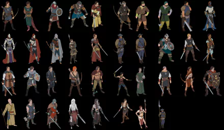 HD wallpaper featuring a collection of character illustrations from the game Ash of Gods: Redemption on a black background.