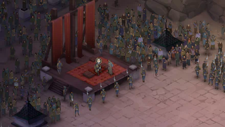 HD wallpaper for Ash of Gods: Redemption featuring a gathering of characters around a central figure on a throne, set in a muted, fantasy battlefield scene.