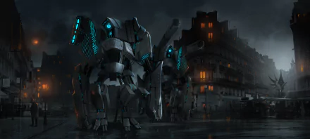 Anime Original 4K Ultra HD PC Desktop Wallpaper and Background — a towering blue-lit mech strides through rain-slick, neon-reflected streets with a shadowy, lit-window apartment block behind it.