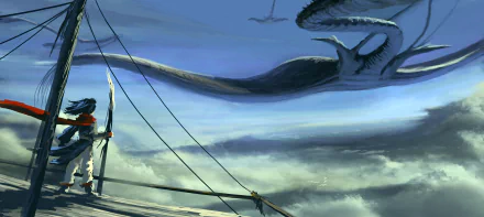 horizon hunting woman warrior manta ray sky fantasy creature HD Desktop Wallpaper | Background Image