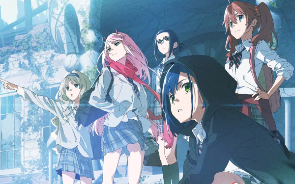 HD desktop wallpaper featuring Ikuno, Miku, Kokoro, Ichigo, and Zero Two from Darling in the FranXX, showcasing the characters in a vibrant, animated style against a detailed background.