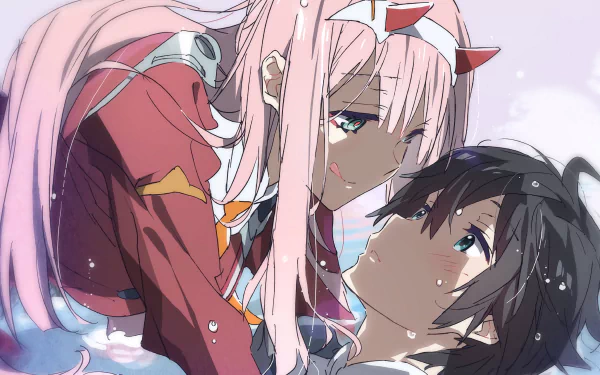 Anime HD wallpaper featuring Hiro and Zero Two from Darling in the FranXX, with Zero Two tenderly looking at Hiro while droplets of water surround them. Perfect background for fans of the series.