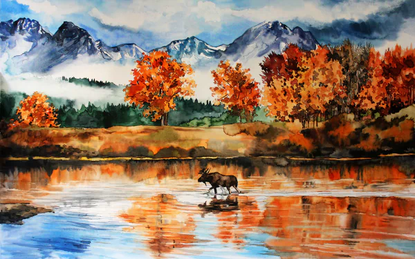 HD watercolor painting of an elk standing in a lake surrounded by vibrant fall trees, with mountain reflections under a partly cloudy sky, designed as a desktop wallpaper.