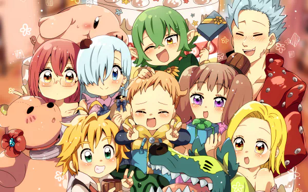 Chibi-style wallpaper featuring characters from The Seven Deadly Sins including Meliodas, Elizabeth, Diane, King, Elaine, and Ban in a festive, cheerful scene.