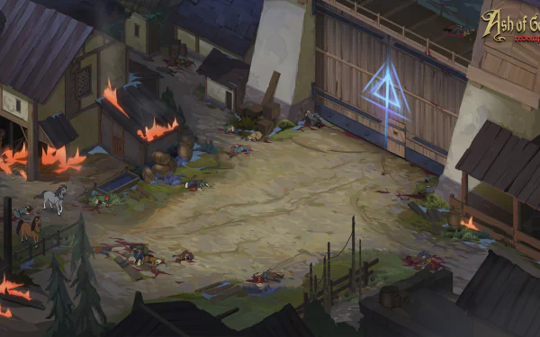 HD desktop wallpaper of Ash of Gods: Redemption featuring an illustrated scene of a village with burning buildings and fallen characters.