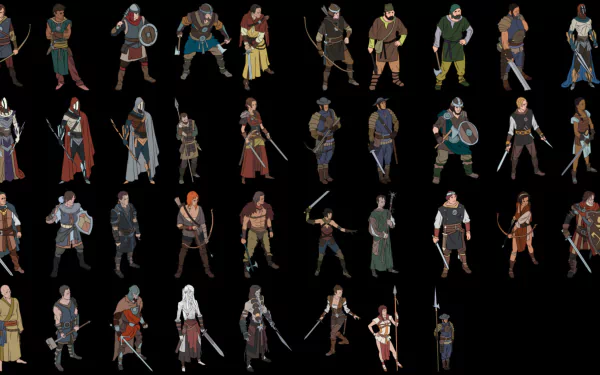 HD wallpaper featuring a collection of character illustrations from the game Ash of Gods: Redemption on a black background.