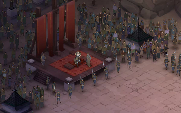 HD wallpaper for Ash of Gods: Redemption featuring a gathering of characters around a central figure on a throne, set in a muted, fantasy battlefield scene.