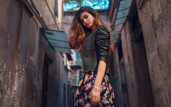 Women Model Brunette Leather Jacket Depth Of Field HD Wallpaper | Background Image
