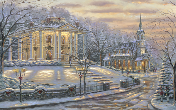 Artistic Painting Winter Church Building Snow Christmas Tree HD Wallpaper | Background Image