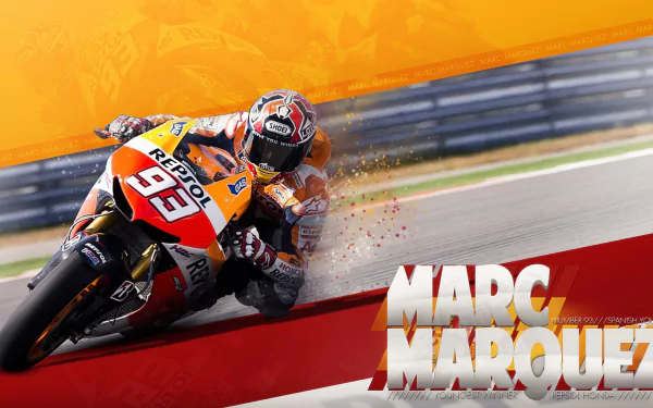 HD desktop wallpaper featuring MotoGP rider Marc Marquez racing for Repsol Honda, with vibrant orange and red background accents and Marc Marquez text prominently displayed.