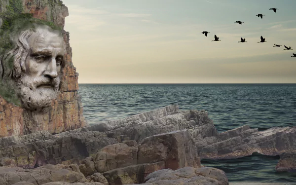 HD desktop wallpaper featuring a coastal scene with an ocean horizon, a carved stone face on the cliff, and a flock of birds flying across the sky.