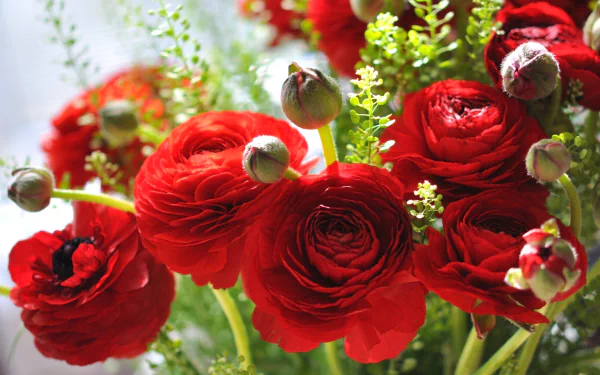 HD PC desktop wallpaper of vibrant red ranunculus flowers and buds against soft green foliage, nature-themed floral background.