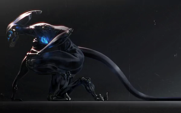 Sleek, futuristic alien creature crouches in a dark sci-fi scene, captured in stunning 4K Ultra HD for a PC desktop wallpaper.