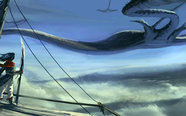 2K Quad HD PC desktop wallpaper and background: a woman warrior stands on a ship's rigging at the horizon, bow drawn, hunting a giant manta-ray creature gliding through a stormy fantasy sky.