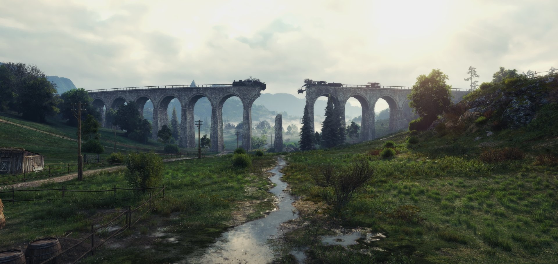 4K Ultra HD World of Tanks video game wallpaper featuring a detailed landscape with a broken stone viaduct over a lush, green field under a cloudy sky.
