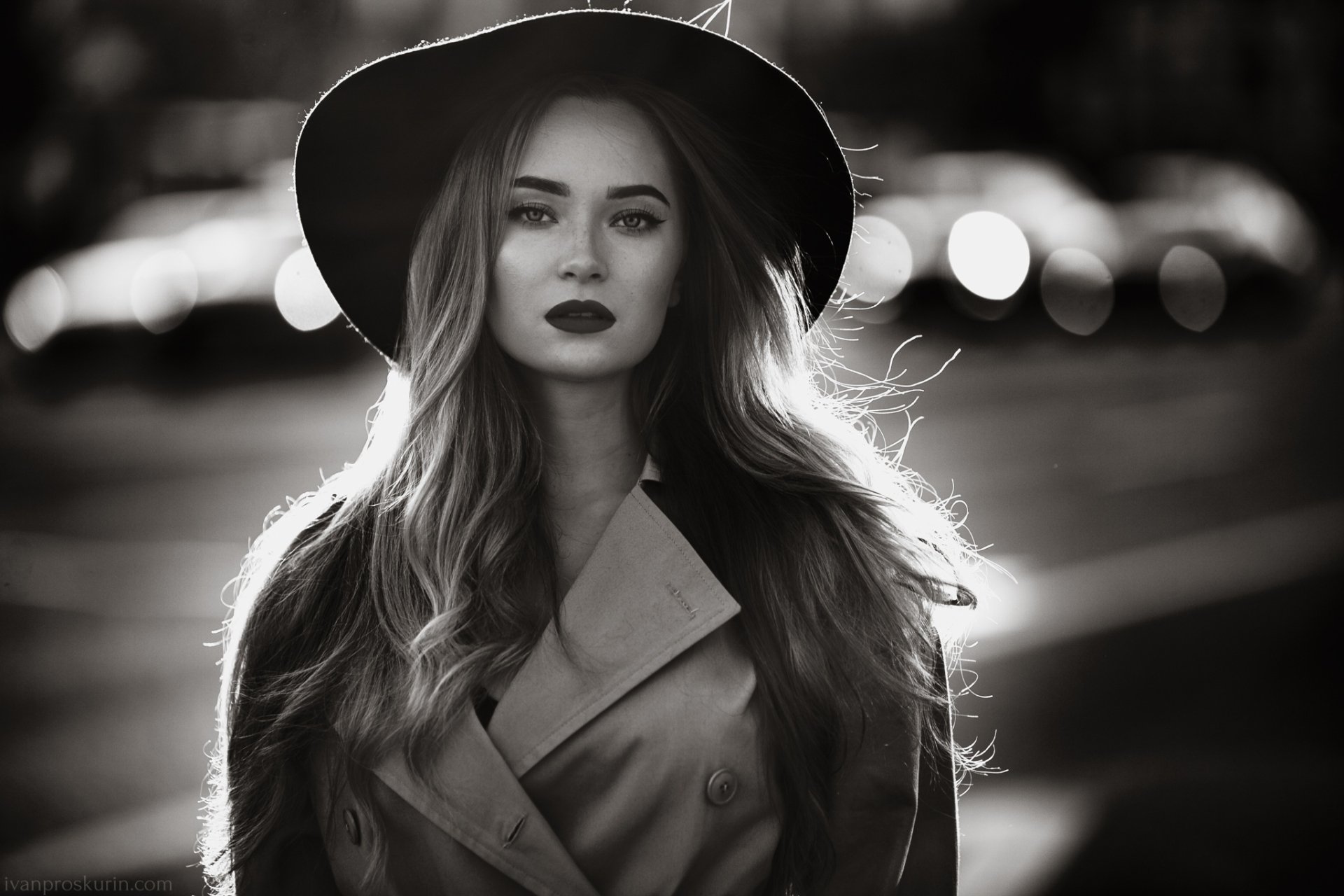 Download Lipstick Monochrome Long Hair Hat Depth Of Field Black & White Woman Model HD Wallpaper by Ivan Proskurin