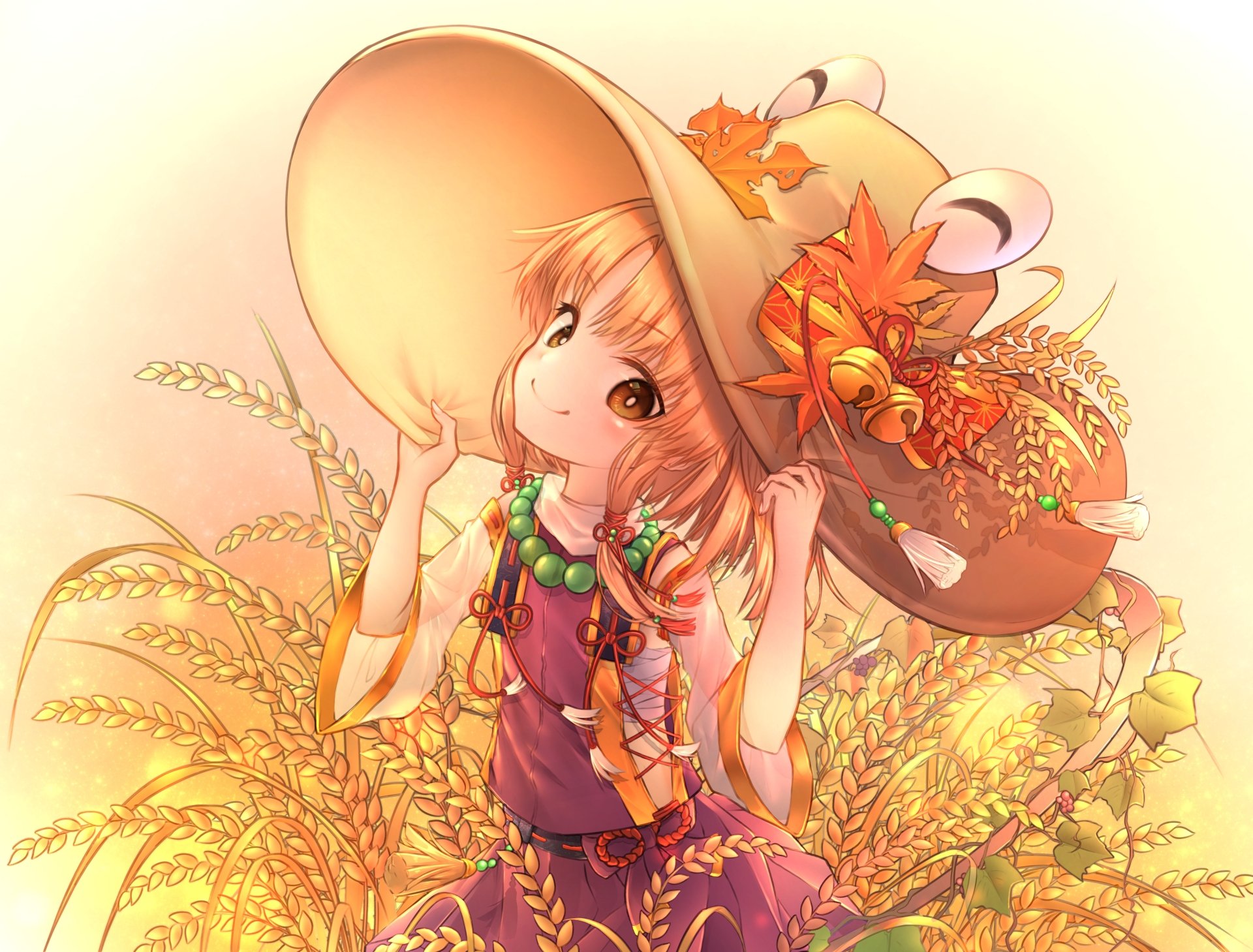 Suwako Moriya (Touhou) in anime style, warm golden wheat field, wearing her signature wide hat with frog ornament — 4K Ultra HD PC desktop wallpaper background
