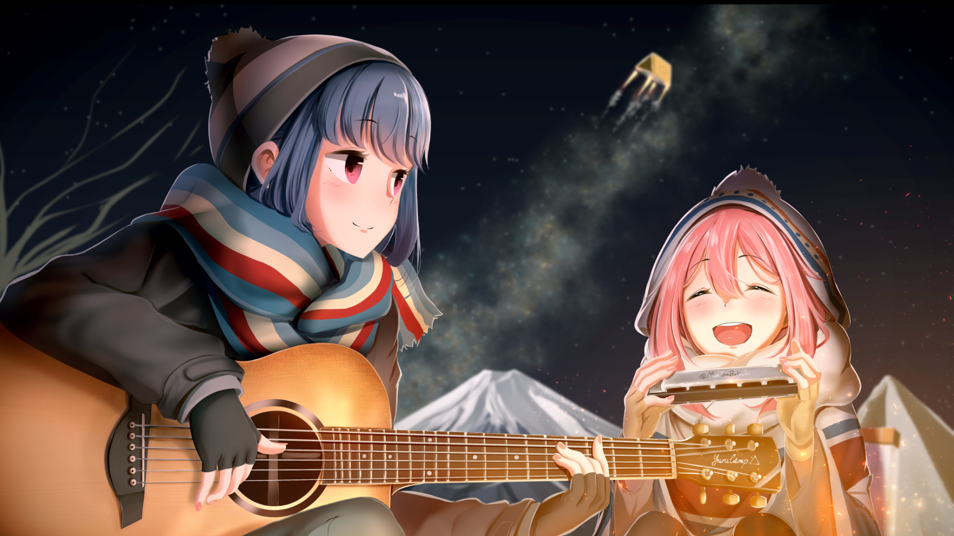 HD desktop wallpaper featuring Nadeshiko Kagamihara and Rin Shima from Laid-Back Camp, an anime, sitting by a campfire at night with mountains in the background.