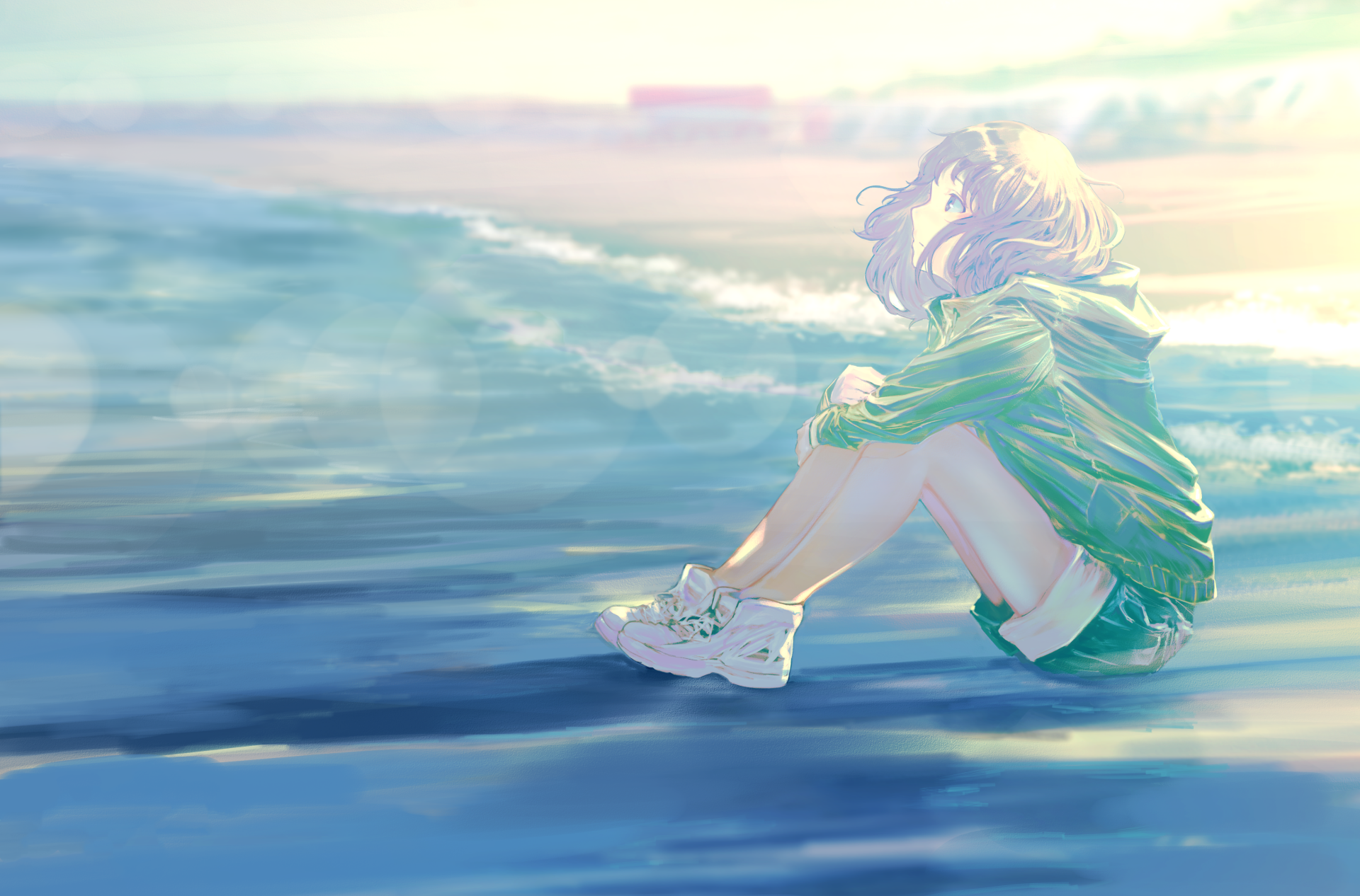 HD anime wallpaper featuring an original character with short white hair sitting contemplatively by the ocean, bathed in soft, glowing light.
