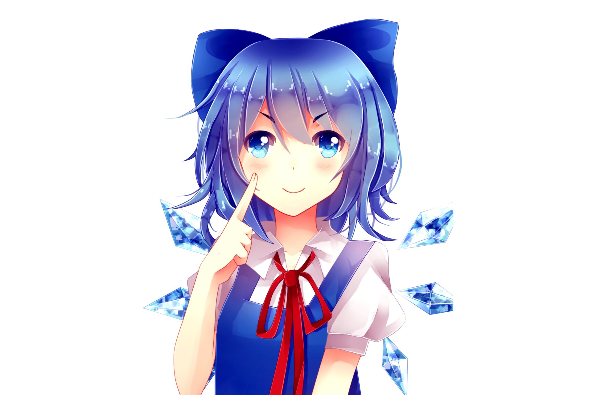 HD PC desktop wallpaper featuring Cirno from Touhou, showcasing her blue hair, bright eyes, and iconic ice crystal wings in vibrant anime style.