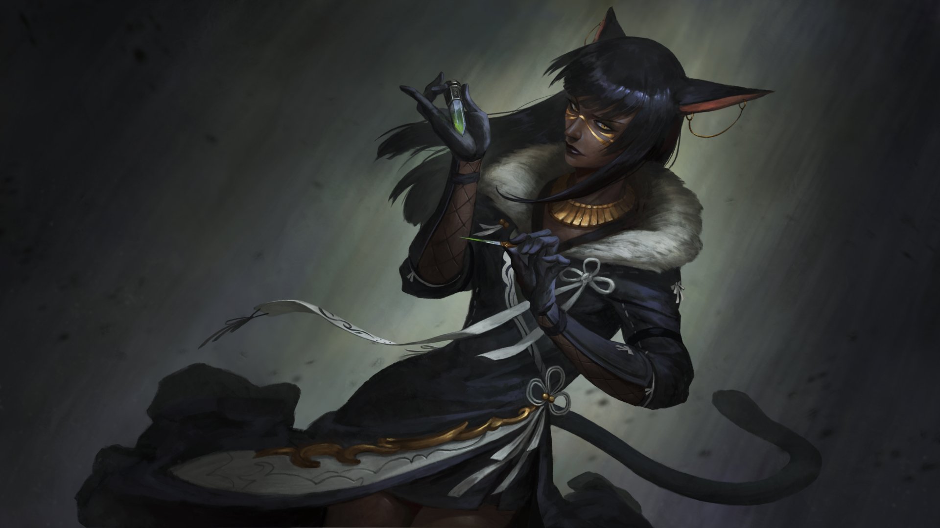 A fantasy woman with yellow eyes, black hair, and animal ears dressed in dark, fur-trimmed clothing, depicted in a detailed 4K Ultra HD PC desktop wallpaper.