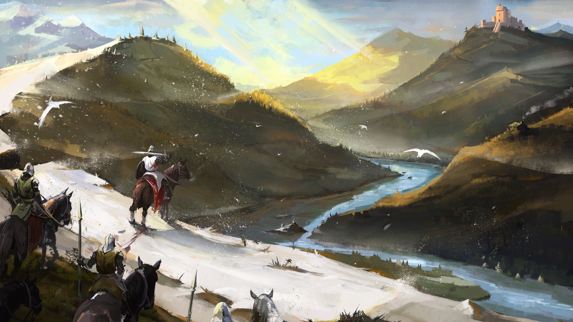 A fantasy 4K Ultra HD landscape featuring warriors and knights on horseback near a river, with castles atop distant hills under a bright sky.