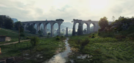 4K Ultra HD World of Tanks video game wallpaper featuring a detailed landscape with a broken stone viaduct over a lush, green field under a cloudy sky.