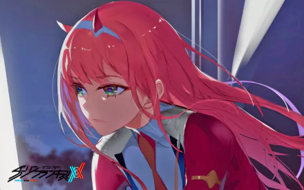 An HD desktop wallpaper featuring Zero Two from the anime Darling in the FranXX with pink hair, looking into the distance with a serious expression.