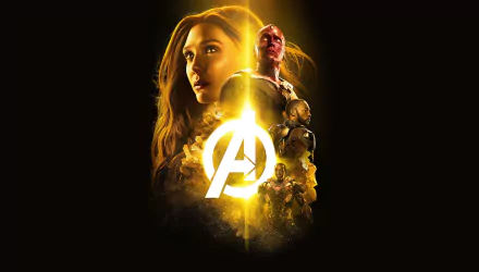 HD desktop wallpaper from Avengers: Infinity War, featuring Scarlet Witch, Vision, and the Avengers logo, with a golden glow. Tags include Anthony Mackie, Don Cheadle, Paul Bettany, Elizabeth Olsen.