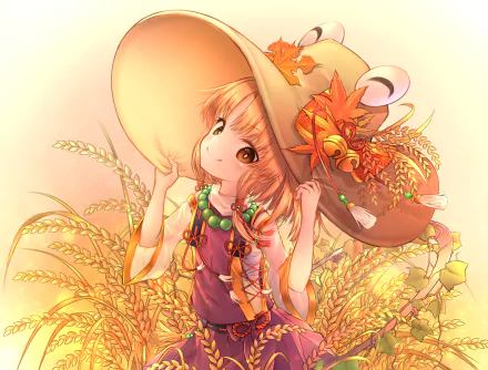 Suwako Moriya (Touhou) in anime style, warm golden wheat field, wearing her signature wide hat with frog ornament — 4K Ultra HD PC desktop wallpaper background