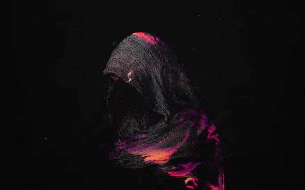 Artistic human figure in a tattered hood, face shadowed, vibrant pink and orange brushlike streaks swirling across dark void — 2K Quad HD PC desktop wallpaper and background.