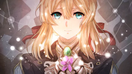 HD desktop wallpaper featuring Violet Evergarden from the anime Violet Evergarden. The character has blonde hair, blue eyes, and is holding a vibrant purple flower against a backdrop of soft, glowing lights.