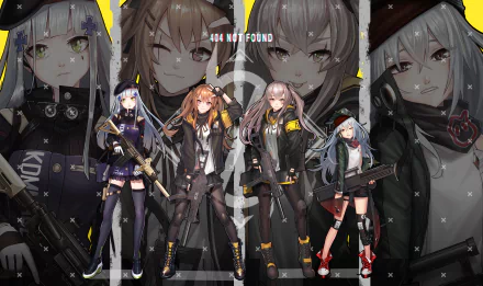 HD wallpaper featuring characters HK416, UMP45, UMP9, and G11 from the video game Girls Frontline, standing in front of their larger portraits with a “404 Not Found” sign above.