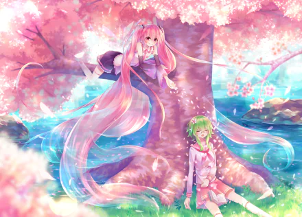 Sakura Miku and GUMI (Vocaloid) anime portrait under a blooming cherry tree, petals drifting around long flowing hair — an HD PC desktop wallpaper/background.