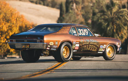 HD desktop wallpaper: rear three-quarter view of a brown Chevrolet Nova SS race car on a sunlit road, vintage decals and shallow depth of field highlighting the vehicle.