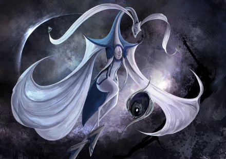 HD PC desktop wallpaper background: a surreal fantasy creature — a pale, elongated humanoid wrapped in flowing white ribbons, with a hovering dark orb in a stormy sky.