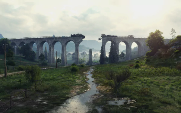 4K Ultra HD World of Tanks video game wallpaper featuring a detailed landscape with a broken stone viaduct over a lush, green field under a cloudy sky.