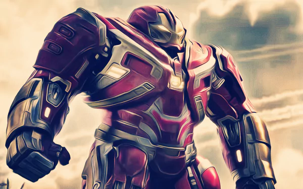 HD desktop wallpaper featuring the Hulkbuster armor from the movie Avengers: Infinity War, showcasing its detailed design and powerful build against a cloudy sky background.