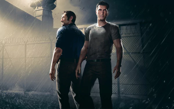 HD desktop wallpaper featuring two characters from A Way Out game, standing back to back under rainy, dramatic lighting.