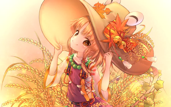 Suwako Moriya (Touhou) in anime style, warm golden wheat field, wearing her signature wide hat with frog ornament — 4K Ultra HD PC desktop wallpaper background