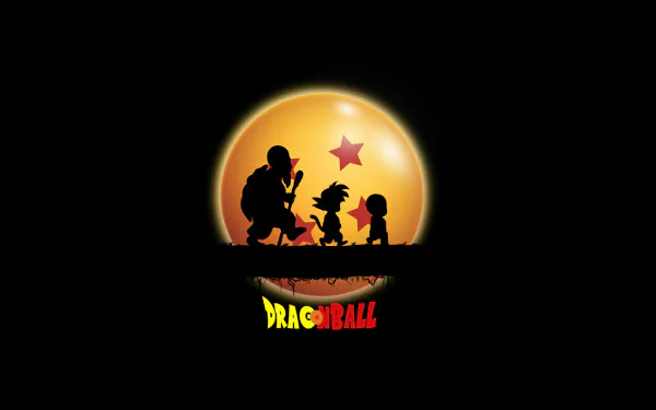 HD Dragon Ball desktop wallpaper featuring silhouettes of Master Roshi, Goku, and Krillin in front of a glowing Dragon Ball with four stars, and the Dragon Ball logo underneath.