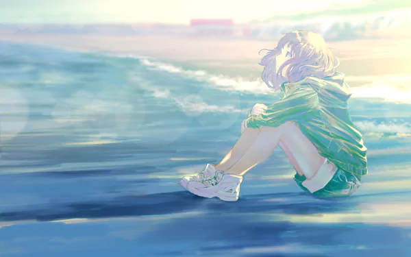 HD anime wallpaper featuring an original character with short white hair sitting contemplatively by the ocean, bathed in soft, glowing light.