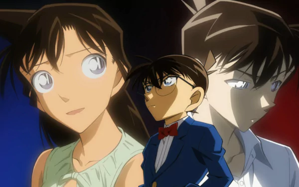 HD PC wallpaper featuring Ran Mouri, Conan Edogawa, and Shinichi Kudo from the anime Detective Conan, showcasing their distinct styles and expressions.